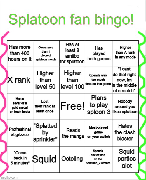 High Quality Splatoon bingo Blank Meme Template