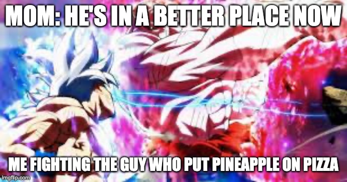 Anime fight | MOM: HE'S IN A BETTER PLACE NOW; ME FIGHTING THE GUY WHO PUT PINEAPPLE ON PIZZA | image tagged in anime fight | made w/ Imgflip meme maker