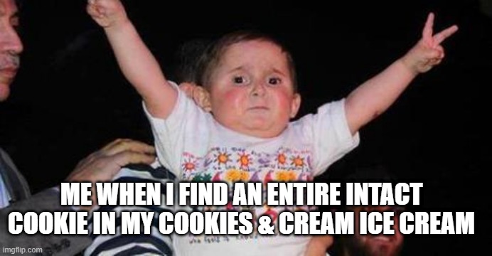 Celebrate | ME WHEN I FIND AN ENTIRE INTACT COOKIE IN MY COOKIES & CREAM ICE CREAM | image tagged in celebrationkid | made w/ Imgflip meme maker