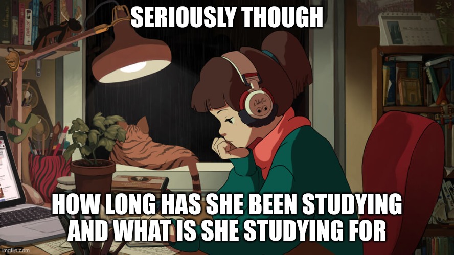 bruh | SERIOUSLY THOUGH; HOW LONG HAS SHE BEEN STUDYING
AND WHAT IS SHE STUDYING FOR | made w/ Imgflip meme maker