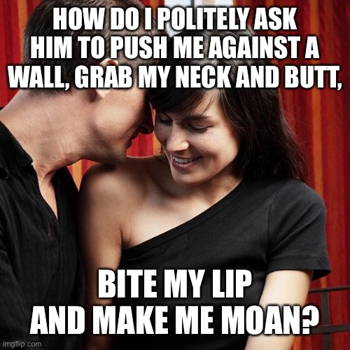 Yes indeed | HOW DO I POLITELY ASK HIM TO PUSH ME AGAINST A WALL, GRAB MY NECK AND BUTT, BITE MY LIP AND MAKE ME MOAN? | image tagged in http //www welovedates com/wp-content/uploads/2011/08/guy-flirti | made w/ Imgflip meme maker