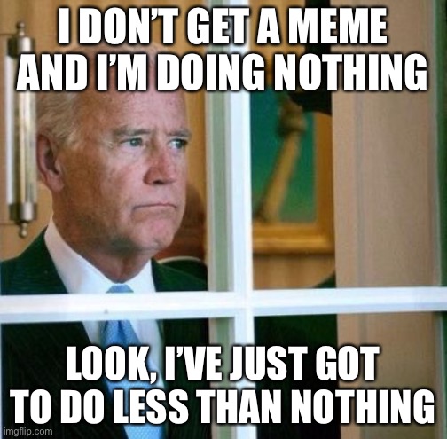I DON’T GET A MEME AND I’M DOING NOTHING LOOK, I’VE JUST GOT TO DO LESS THAN NOTHING | image tagged in sad joe biden | made w/ Imgflip meme maker