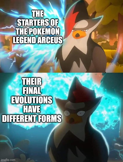 Spoiler alert from the upcoming pokemon legend arceus |  THE STARTERS OF THE POKEMON LEGEND ARCEUS; THEIR FINAL EVOLUTIONS HAVE DIFFERENT FORMS | image tagged in surprised staraptor,pokemon,nintendo,pokemon memes,spoilers,nintendo switch | made w/ Imgflip meme maker