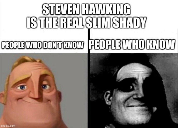 Teacher's Copy | STEVEN HAWKING IS THE REAL SLIM SHADY; PEOPLE WHO KNOW; PEOPLE WHO DON’T KNOW | image tagged in teacher's copy,wait thats illegal,oh no,help me,imgflip | made w/ Imgflip meme maker