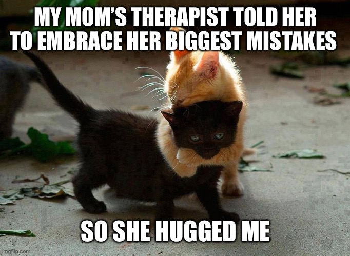 kitten hug | MY MOM’S THERAPIST TOLD HER TO EMBRACE HER BIGGEST MISTAKES; SO SHE HUGGED ME | image tagged in kitten hug | made w/ Imgflip meme maker