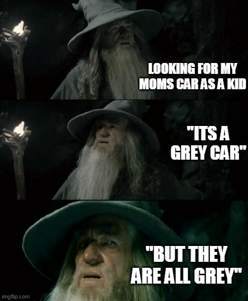 kid steryotypes | LOOKING FOR MY MOMS CAR AS A KID; "ITS A GREY CAR"; "BUT THEY ARE ALL GREY" | image tagged in memes,confused gandalf | made w/ Imgflip meme maker