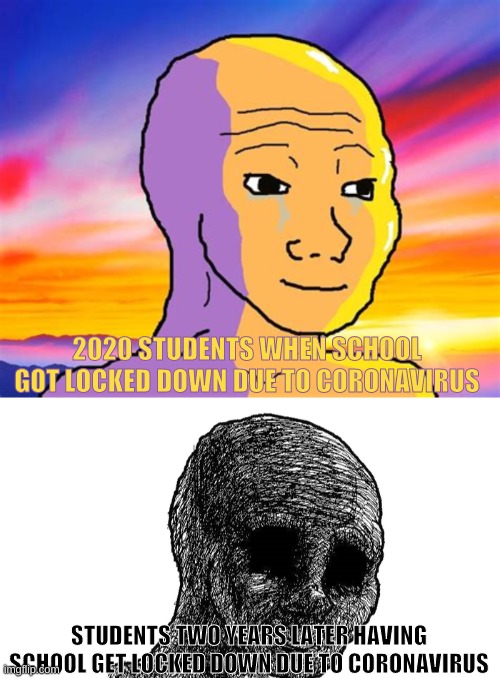 Two years later... | 2020 STUDENTS WHEN SCHOOL GOT LOCKED DOWN DUE TO CORONAVIRUS; STUDENTS TWO YEARS LATER HAVING SCHOOL GET LOCKED DOWN DUE TO CORONAVIRUS | image tagged in sunset wojak,sad wojak,coronavirus,school,covid-19,barney will eat all of your delectable biscuits | made w/ Imgflip meme maker