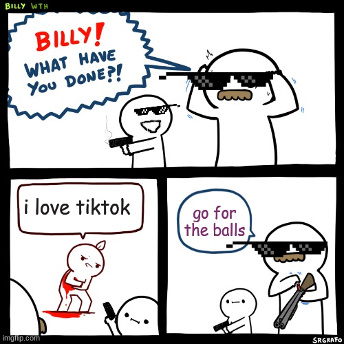 Billy, What Have You Done | i love tiktok; go for the balls | image tagged in billy what have you done | made w/ Imgflip meme maker