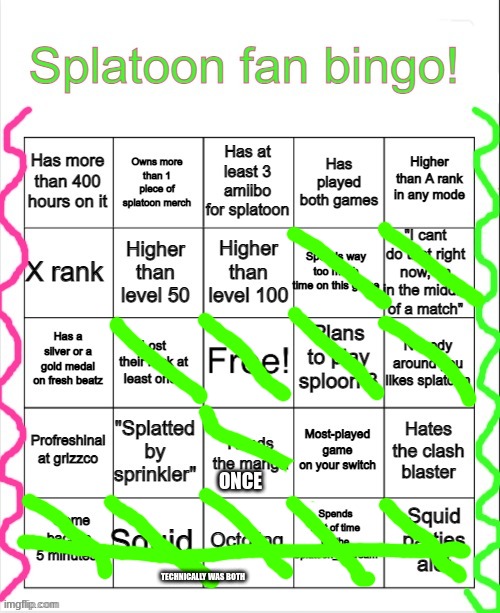 (Please don't fire me PearlFan23) | ONCE; TECHNICALLY WAS BOTH | image tagged in splatoon bingo,oh wow are you actually reading these tags,ha ha noob go brr | made w/ Imgflip meme maker