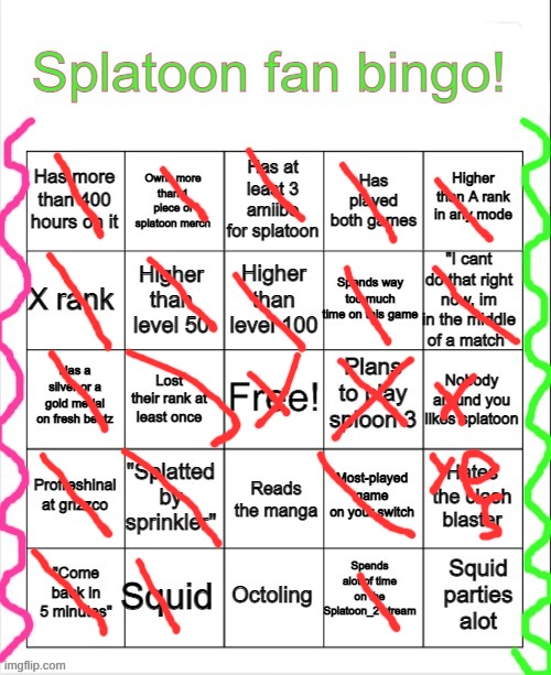 Splatoon bingo | image tagged in splatoon bingo | made w/ Imgflip meme maker