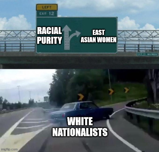 Swerving Car | RACIAL PURITY; EAST ASIAN WOMEN; WHITE NATIONALISTS | image tagged in swerving car | made w/ Imgflip meme maker