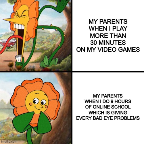 I may need glasses | MY PARENTS WHEN I PLAY MORE THAN 30 MINUTES ON MY VIDEO GAMES; MY PARENTS WHEN I DO 9 HOURS OF ONLINE SCHOOL WHICH IS GIVING EVERY BAD EYE PROBLEMS | image tagged in angry flower | made w/ Imgflip meme maker
