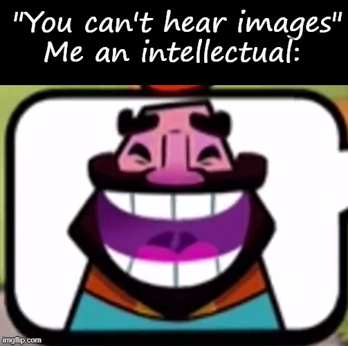 "You can't hear images"
Me an intellectual: | image tagged in memes,blank transparent square,clash royale king laughing | made w/ Imgflip meme maker