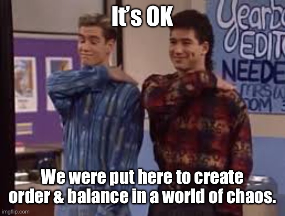 Pat on the Back | It’s OK We were put here to create order & balance in a world of chaos. | image tagged in pat on the back | made w/ Imgflip meme maker