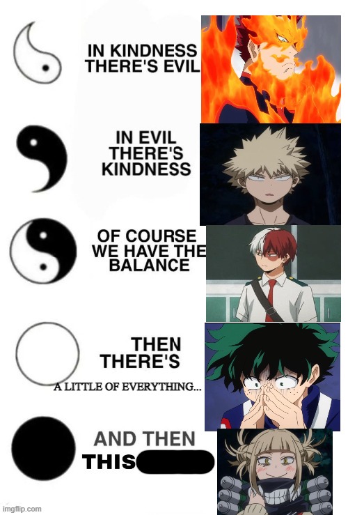The MHA version. Let me know any suggestions that you have | A LITTLE OF EVERYTHING... | image tagged in in kindness there's evil,mha version,anime,boku no hero | made w/ Imgflip meme maker