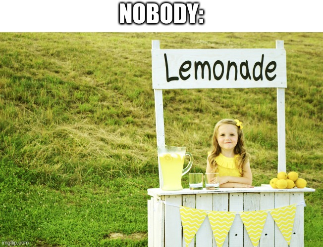 Lemonade stand | NOBODY: | image tagged in lemonade stand | made w/ Imgflip meme maker