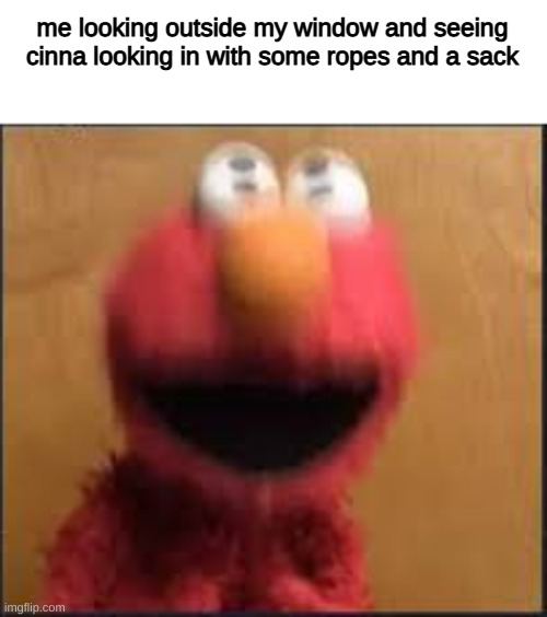 im scared | me looking outside my window and seeing cinna looking in with some ropes and a sack | image tagged in scared elmo | made w/ Imgflip meme maker