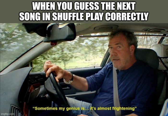 very frightnening | WHEN YOU GUESS THE NEXT SONG IN SHUFFLE PLAY CORRECTLY | image tagged in sometimes my genius is it's almost frightening | made w/ Imgflip meme maker