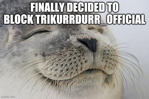 Finally I can be anti furry and he can nag me about it | FINALLY DECIDED TO BLOCK TRIKURRDURR_OFFICIAL | image tagged in memes,satisfied seal | made w/ Imgflip meme maker