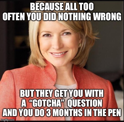 Martha Stewart | BECAUSE ALL TOO OFTEN YOU DID NOTHING WRONG BUT THEY GET YOU WITH A  “GOTCHA”  QUESTION AND YOU DO 3 MONTHS IN THE PEN | image tagged in martha stewart | made w/ Imgflip meme maker