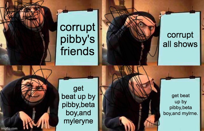 I’m bad at drawing | corrupt pibby's friends; corrupt all shows; get beat up by pibby,beta boy,and myleryne; get beat up by pibby,beta boy,and mylrne. | image tagged in memes,gru's plan | made w/ Imgflip meme maker