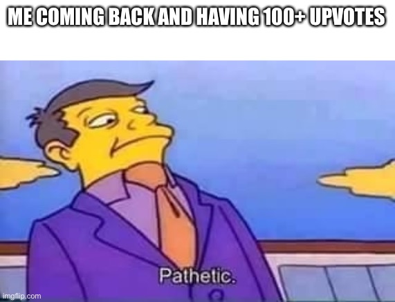skinner pathetic | ME COMING BACK AND HAVING 100+ UPVOTES | image tagged in skinner pathetic | made w/ Imgflip meme maker