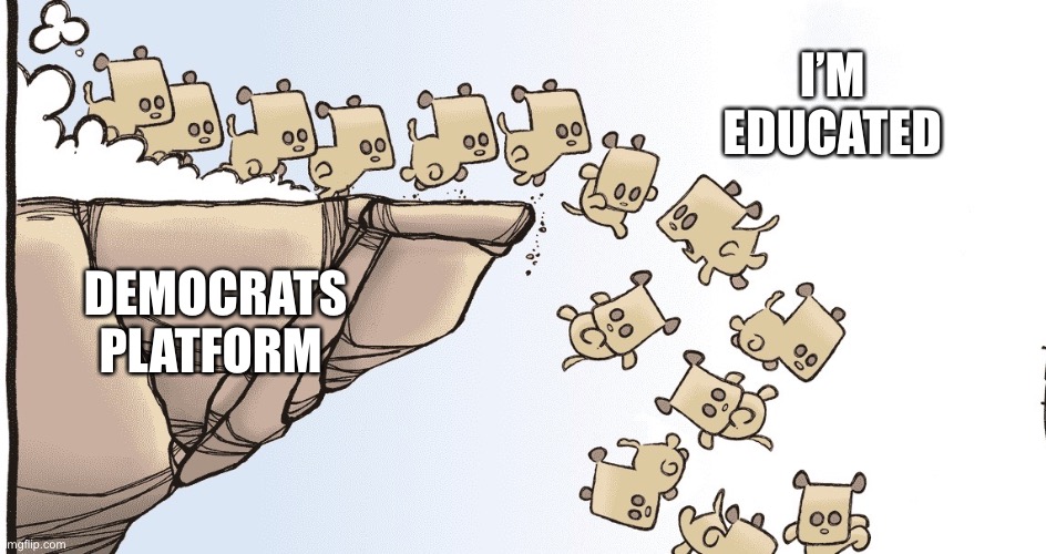Oh the mental left | I’M 
EDUCATED; DEMOCRATS
PLATFORM | image tagged in lemmings,fun,happy,ducks,meme | made w/ Imgflip meme maker