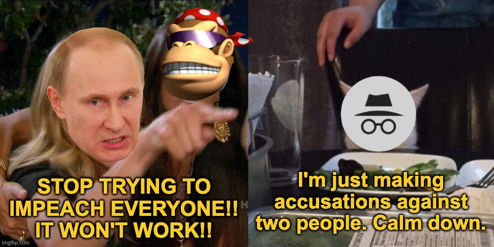 dead meme | I'm just making accusations against two people. Calm down. STOP TRYING TO IMPEACH EVERYONE!! IT WON'T WORK!! | image tagged in woman yelling at cat,memes,unfunny | made w/ Imgflip meme maker