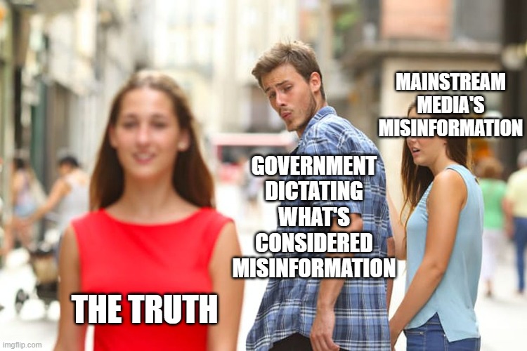 Distracted Boyfriend Meme | MAINSTREAM MEDIA'S MISINFORMATION; GOVERNMENT DICTATING WHAT'S CONSIDERED MISINFORMATION; THE TRUTH | image tagged in memes,distracted boyfriend | made w/ Imgflip meme maker