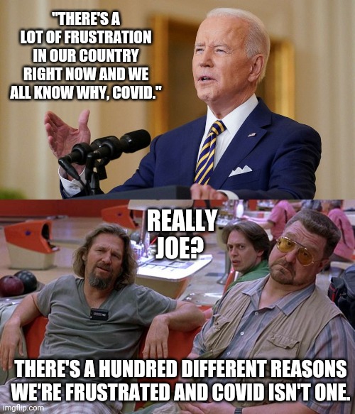 Many other reasons. | "THERE'S A LOT OF FRUSTRATION IN OUR COUNTRY RIGHT NOW AND WE ALL KNOW WHY, COVID."; REALLY JOE? THERE'S A HUNDRED DIFFERENT REASONS WE'RE FRUSTRATED AND COVID ISN'T ONE. | image tagged in memes | made w/ Imgflip meme maker
