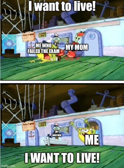 Ok rly.Why? | MY MOM; ME WHO FAILED THE EXAM; ME; MY BROTHER | image tagged in i want to live | made w/ Imgflip meme maker