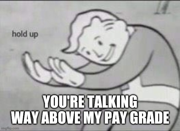 Fallout Hold Up | YOU'RE TALKING WAY ABOVE MY PAY GRADE | image tagged in fallout hold up | made w/ Imgflip meme maker