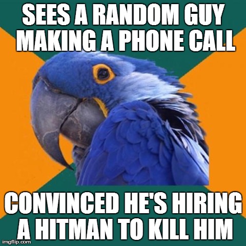Paranoid Parrot | SEES A RANDOM GUY MAKING A PHONE CALL CONVINCED HE'S HIRING A HITMAN TO KILL HIM | image tagged in memes,paranoid parrot | made w/ Imgflip meme maker