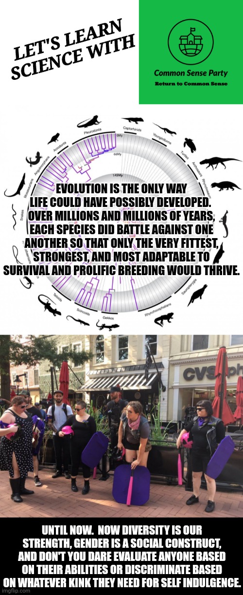 smorterer | LET'S LEARN SCIENCE WITH; EVOLUTION IS THE ONLY WAY LIFE COULD HAVE POSSIBLY DEVELOPED.  OVER MILLIONS AND MILLIONS OF YEARS, EACH SPECIES DID BATTLE AGAINST ONE ANOTHER SO THAT ONLY THE VERY FITTEST, STRONGEST, AND MOST ADAPTABLE TO SURVIVAL AND PROLIFIC BREEDING WOULD THRIVE. UNTIL NOW.  NOW DIVERSITY IS OUR STRENGTH, GENDER IS A SOCIAL CONSTRUCT, AND DON'T YOU DARE EVALUATE ANYONE BASED ON THEIR ABILITIES OR DISCRIMINATE BASED ON WHATEVER KINK THEY NEED FOR SELF INDULGENCE. | image tagged in blank white template,common sense party | made w/ Imgflip meme maker