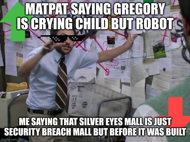 Charlie Conspiracy (Always Sunny in Philidelphia) | MATPAT SAYING GREGORY IS CRYING CHILD BUT ROBOT; ME SAYING THAT SILVER EYES MALL IS JUST SECURITY BREACH MALL BUT BEFORE IT WAS BUILT | image tagged in charlie conspiracy always sunny in philidelphia | made w/ Imgflip meme maker