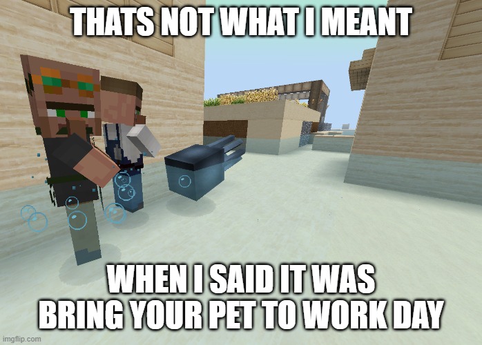 'bring your pet to work day' or 'time to get your feet wet... literally' | THATS NOT WHAT I MEANT; WHEN I SAID IT WAS BRING YOUR PET TO WORK DAY | image tagged in funny,minecraft,gaming,water,squid,minecraft villagers | made w/ Imgflip meme maker