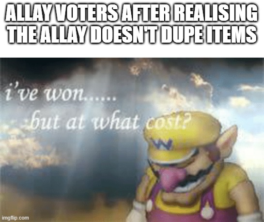 I've won but at what cost? | ALLAY VOTERS AFTER REALISING THE ALLAY DOESN'T DUPE ITEMS | image tagged in i've won but at what cost | made w/ Imgflip meme maker