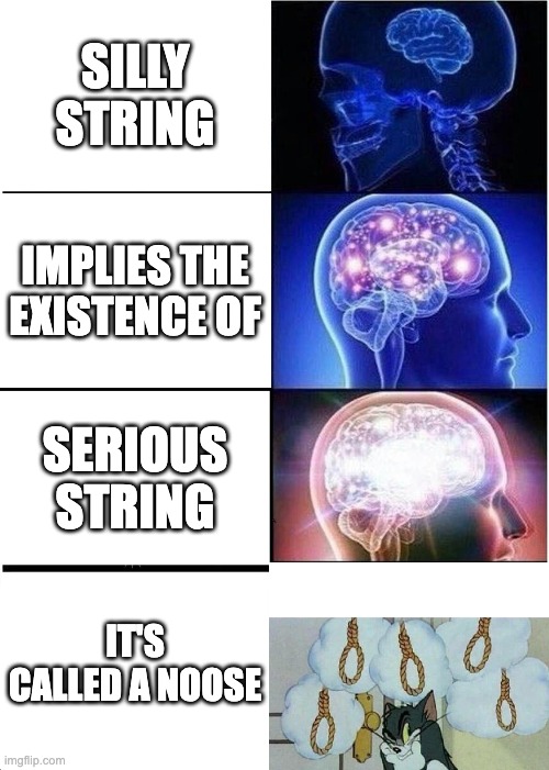 Am I wrong? | SILLY STRING; IMPLIES THE EXISTENCE OF; SERIOUS STRING; IT'S CALLED A NOOSE | image tagged in memes,expanding brain,noose,oh okay | made w/ Imgflip meme maker