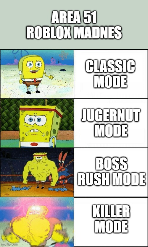 area 555555555555555511111111111111111111 modes | AREA 51 ROBLOX MADNES; CLASSIC MODE; JUGERNUT MODE; BOSS RUSH MODE; KILLER MODE | image tagged in sponge finna commit muder,funny memes,uhu | made w/ Imgflip meme maker