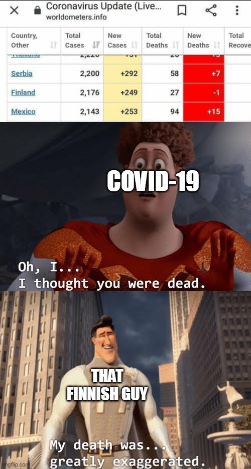 This guy just said "nope" to death and gave it a middle finger | COVID-19; THAT FINNISH GUY | image tagged in my death was greatly exaggerated,memes,covid-19,finland | made w/ Imgflip meme maker