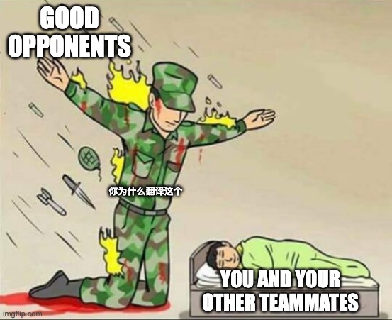Soldier protecting sleeping child | GOOD OPPONENTS; 你为什么翻译这个; YOU AND YOUR OTHER TEAMMATES | image tagged in soldier protecting sleeping child | made w/ Imgflip meme maker
