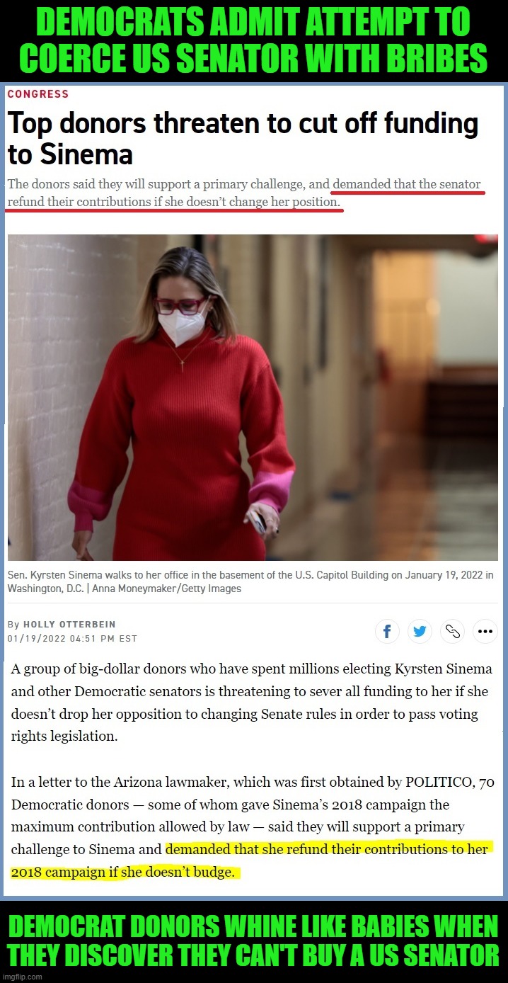 Democrat donors cry like babies and want their money back when they discover they didn't buy a US Senator | DEMOCRATS ADMIT ATTEMPT TO COERCE US SENATOR WITH BRIBES; DEMOCRAT DONORS WHINE LIKE BABIES WHEN THEY DISCOVER THEY CAN'T BUY A US SENATOR | image tagged in kyrsten sinema,liberal tears,liberal logic,liberal hypocrisy,crying liberals | made w/ Imgflip meme maker