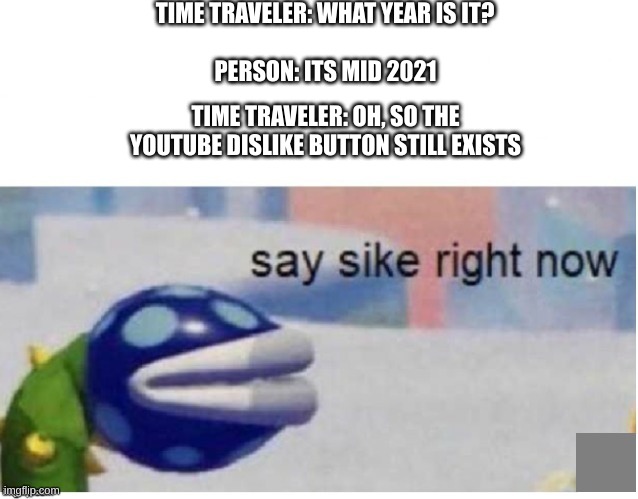 I personally don't care about the dislike button, but the meme I like none the less | TIME TRAVELER: WHAT YEAR IS IT? PERSON: ITS MID 2021; TIME TRAVELER: OH, SO THE YOUTUBE DISLIKE BUTTON STILL EXISTS | image tagged in say sike right now | made w/ Imgflip meme maker
