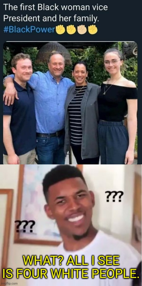 I just not seeing it | WHAT? ALL I SEE IS FOUR WHITE PEOPLE. | image tagged in nick young,white woman,kamala harris | made w/ Imgflip meme maker