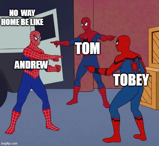 Spider Man Triple | NO  WAY HOME BE LIKE; TOM; ANDREW; TOBEY | image tagged in spider man triple | made w/ Imgflip meme maker