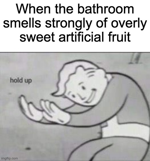 It's not the fresheners... | When the bathroom smells strongly of overly sweet artificial fruit | image tagged in fallout hold up with space on the top,school meme,highschool,public restrooms | made w/ Imgflip meme maker