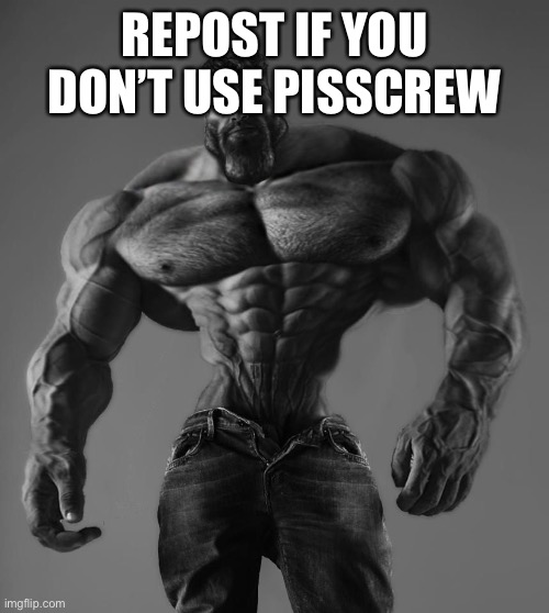 GigaChad | REPOST IF YOU DON’T USE PISSCREW | image tagged in gigachad | made w/ Imgflip meme maker