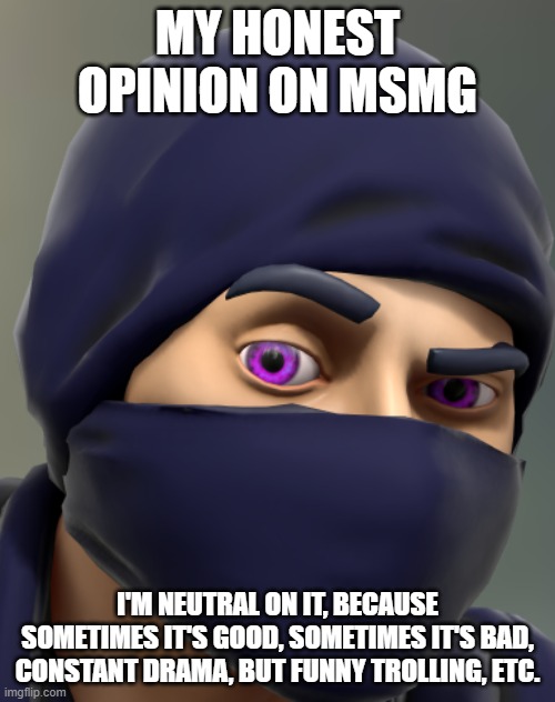 Itsuki | MY HONEST OPINION ON MSMG; I'M NEUTRAL ON IT, BECAUSE SOMETIMES IT'S GOOD, SOMETIMES IT'S BAD, CONSTANT DRAMA, BUT FUNNY TROLLING, ETC. | image tagged in itsuki | made w/ Imgflip meme maker