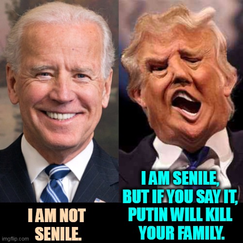 Trump is an old man, and early-onset Alzheimers runs in his family. He's delusional and can't tell fact from fantasy. | I AM SENILE, 
BUT IF YOU SAY IT, 
PUTIN WILL KILL 
YOUR FAMILY. I AM NOT 
SENILE. | image tagged in biden solid stable trump acid drugs,biden,truth,trump,delusional,alzheimers | made w/ Imgflip meme maker