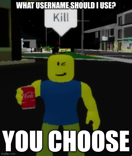 Pick my username | WHAT USERNAME SHOULD I USE? YOU CHOOSE | image tagged in noob says kill | made w/ Imgflip meme maker